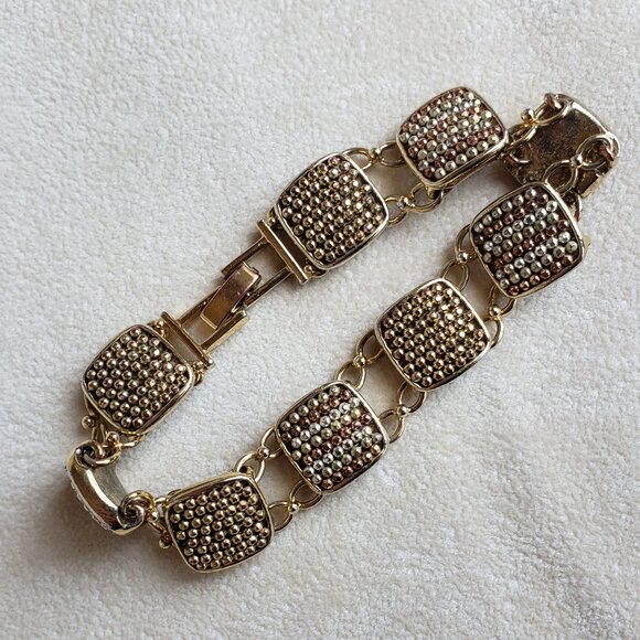 Vintage Liz Claiborne Bracelet Gold Tone Square Links Clear and Rose Gold Stones - Picture 2 of 6